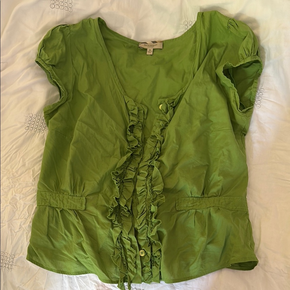 Burberry Green Ruffled Cap Sleeve Blouse